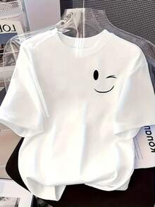 Camiseta con estampado de cara sonriente y guiño, manga corta, cuello redondo, top casual para verano y primavera, ropa de mujerTee - Blanco - Ver 1