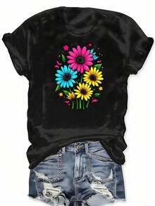 Camiseta con estampado floral de flores silvestres coloridas de verano, camiseta de manga corta con cuello redondo, top casual para verano y primavera, ropa de talla grande para mujer. - Negro - Ver 2