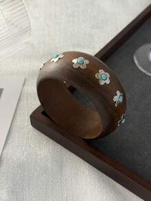 1pc Rustic Style Geometric Exaggerated Inlaid Faux Turquoise Flower Charm Jewelry Wooden Cuff Bracelet, Luxurious & Elegant, Suitable For Wedding, Banquet, Vacation, Party, Daily Casual, Street Style, Women, Couples, Holiday, Birthday, Versatile Gift - Bracelet - View 9