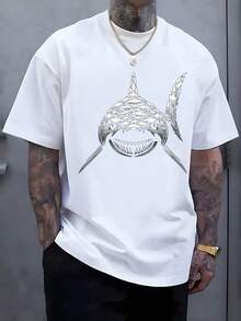 Camiseta de hombre con estampado de escuela de tiburones, de manga corta y cuello redondo, estilo casual, adecuada para verano y primavera, ropa de verano para hombre para actividades al aire libre. - Blanco - Ver 1