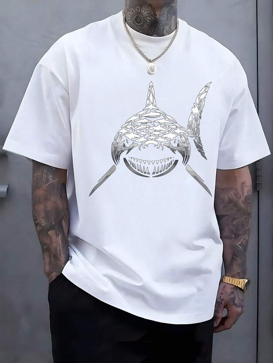 Camiseta de hombre con estampado de escuela de tiburones, de manga corta y cuello redondo, estilo casual, adecuada para verano y primavera, ropa de verano para hombre para actividades al aire libre. - Blanco - Ver 1