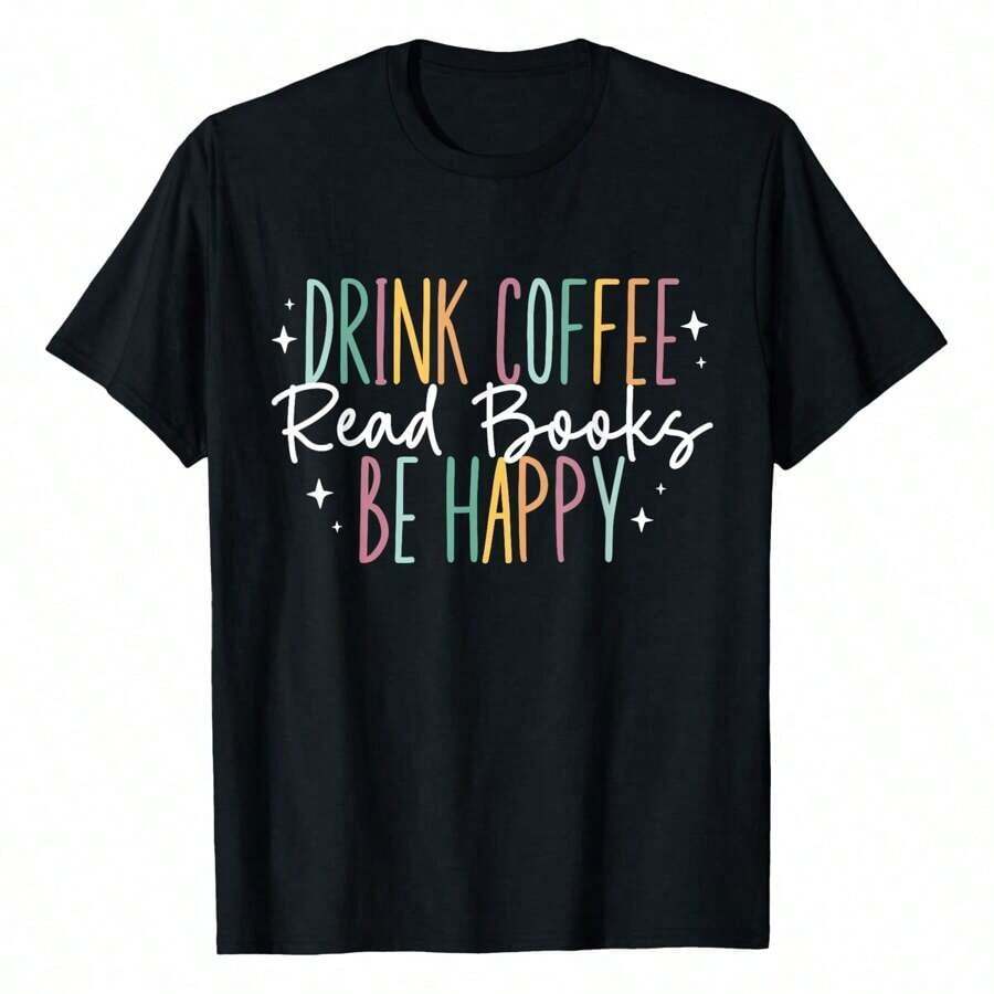 Bebe Café, Libros, Sé Feliz - Camiseta Gráfica de Talla Grande para Mujer - Negro - Ver 1