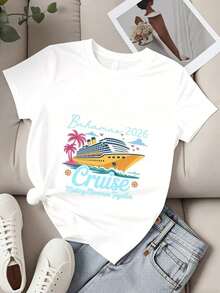 Camiseta de Cuello Redondo para Mujer, Estampado de Barcos de Crucero, Palmeras y Pájaros de las Bahamas 2026, Manga Corta, Creando Recuerdos Juntos, Viajes, Vacaciones, Fiesta en la Playa, Ropa de Verano, blusas casuales para dama - Blanco - Ver 2