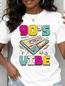 Women's Crew Neck T-Shirt, 90s Style, Cassette Graphic Print, Short Sleeve, Casual Summer Top For Women, Retro Music Party Clothes, Casual Blouses For Ladies - 白色 - 查看 7