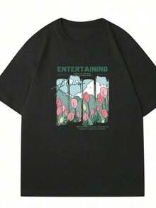 Printed T-Shirts For Women, Oversized Urban Style Tops, Comfortable And Stylish Summer T-Shirts That Go With Everything. Floral And Comic Print T-Shirts For Women, Beige Urban Summer T-Shirts, Casual Short-Sleeve Graphic Tees For Women. - 黑色 - 查看 6