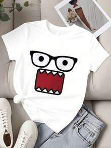 Limited Time Offer, Limited Quantity Available, Flash , Women's Shirts, Women's T-Shirts. Women's Fashionable T-Shirt With Cartoon Monster Face Design For Casual Wear And Everyday Outfits - 白色 - 查看 3