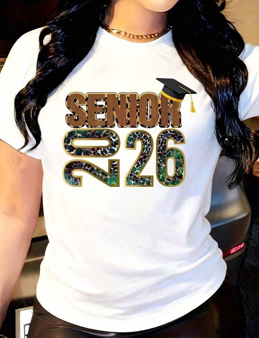 Women's T-Shirt With Camouflage Number Print And Wood Texture, Casual Style, Round Neck, Short Sleeve, Suitable For Daily Outdoor Wear, Perfect For All Seasons. - White - View 1