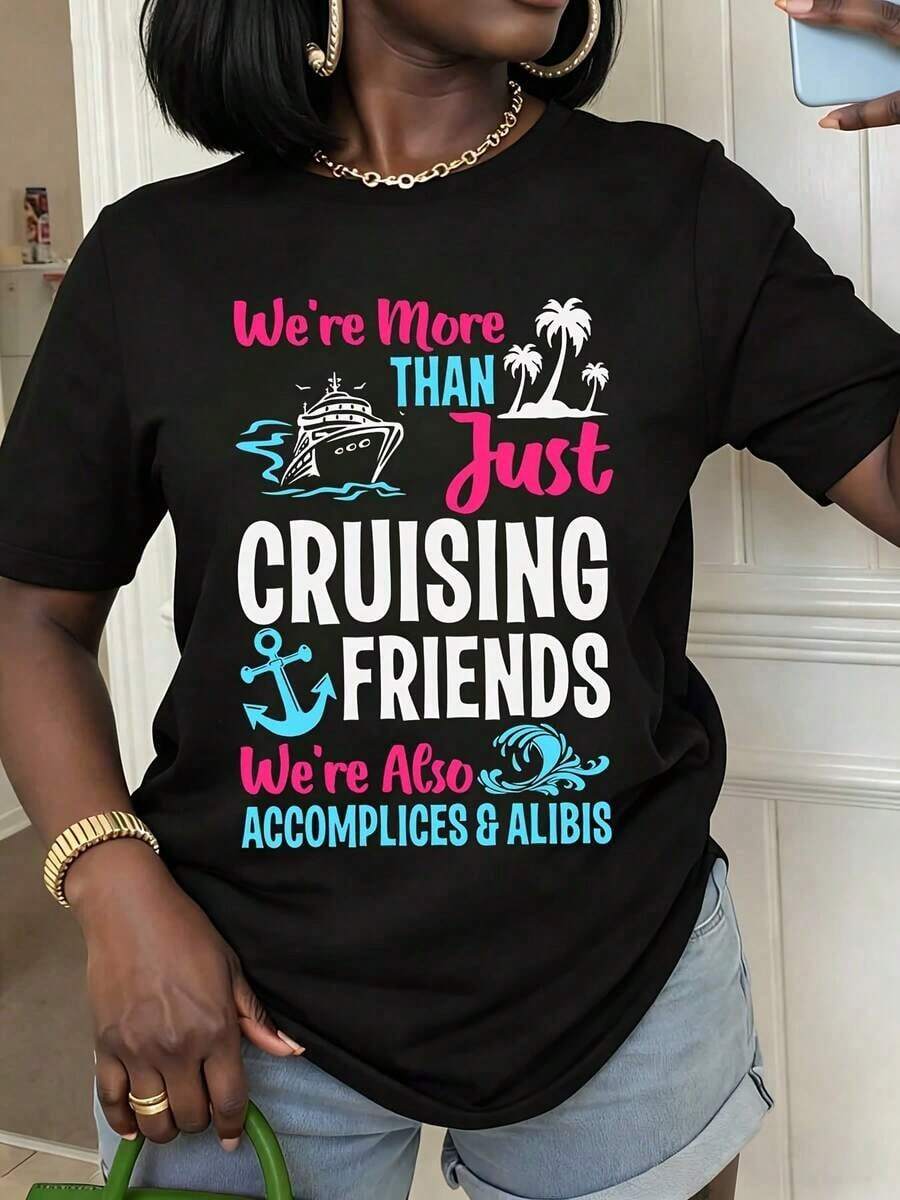 1 Piece Of Women's Summer T-Shirt With A Cruise Ship And Palm Tree Design. We're More Than Just Cruise Buddies, We're Also Partners In Crime And Companions. Casual Short-Sleeved Crew Neck T-Shirt For Summer Vacation. Gift For Your Best Friend. Women's T-Shirts. - 黑色 - 查看 1