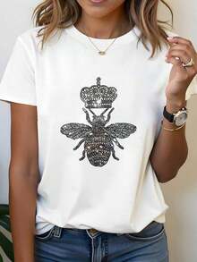 Women's Casual Summer T-Shirt, 1 Piece, 100% Pure Cotton, Bee Crown Print T-Shirt, Short Sleeve Round Neck T-Shirt For Spring And Summer, Breathable Pure Cotton Casual Sports Top, Holiday Gift - 黑色 - 查看 7