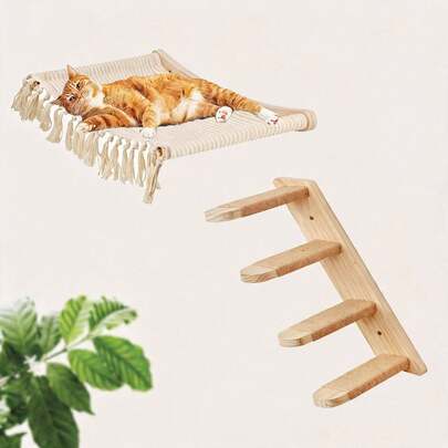 1pc Cat Wall Mounted Shelf & 1pc Cat Perch, Tasseled Cat Hammock, Cat Ladder, Modern Cat Furniture Suitable For Sleeping, Playing And Climbing