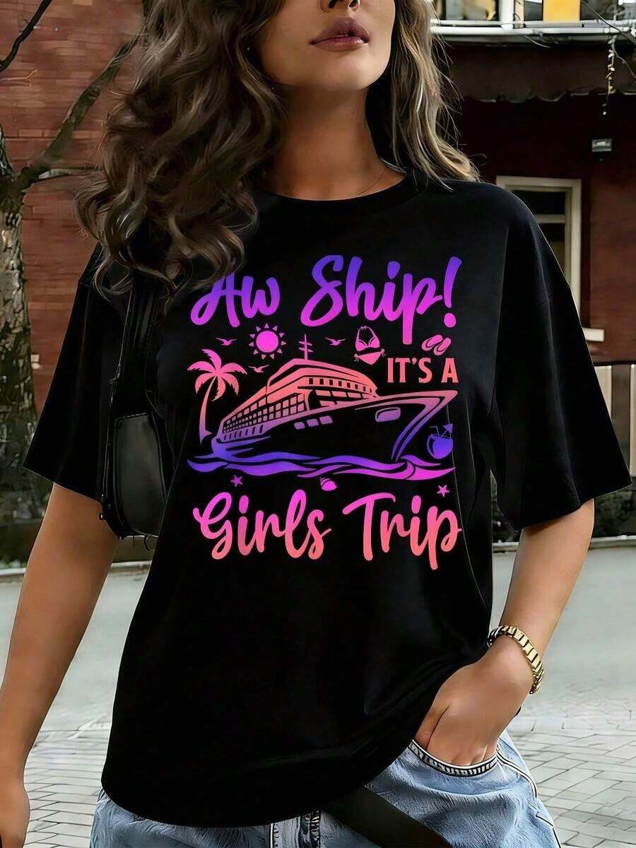 1 Piece Of Women's Casual Clothing. Immediate Shipping! It's A Short-Sleeved Graphic T-Shirt For Travel And Vacations, Comfortable For Casual And Elegant Outfits, Lightweight And Breathable, Machine Washable, Regular Fit, Crew Neck, 180g 100% Cotton. - 黑色 - 查看 1