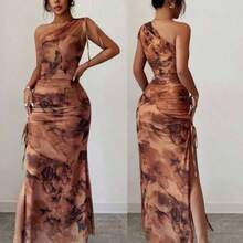 Vestido elegante sin mangas con estampado de leopardo y abertura alta en malla para mujeres - Cafetería - Ver 1