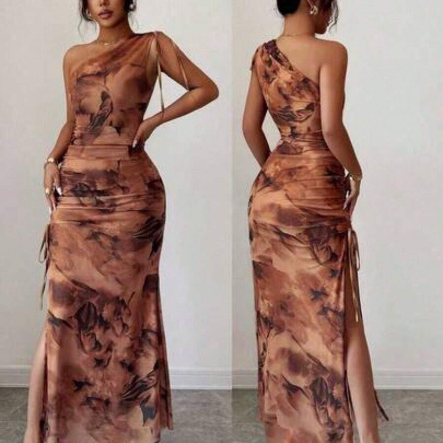 Vestido elegante sin mangas con estampado de leopardo y abertura alta en malla para mujeres - Cafetería - Ver 1
