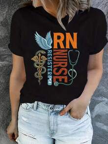 Camiseta Deportiva Casual para Mujer en Negro con Diseño de Enfermera Registrada (RN) - Camiseta Elástica de Cuello Redondo, Lavable aáquina, Confortable y Apta para Todas las Estaciones, para Profesionales de la Salud. - Negro - Ver 1