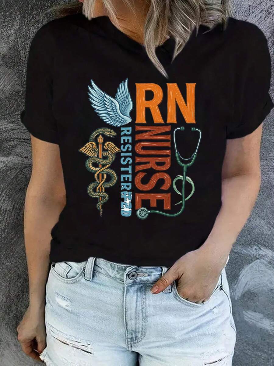 Camiseta Deportiva Casual para Mujer en Negro con Diseño de Enfermera Registrada (RN) - Camiseta Elástica de Cuello Redondo, Lavable aáquina, Confortable y Apta para Todas las Estaciones, para Profesionales de la Salud. - Negro - Ver 1