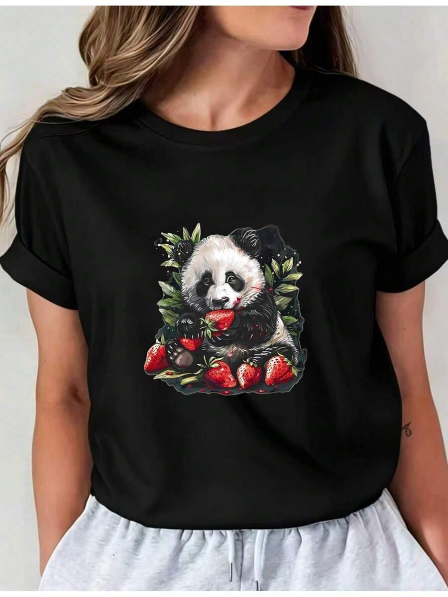 Camiseta Deportiva Casual para Mujer con Ilustración de Panda y Diseño de Fresas - Camiseta Negra Elástica de Cuello Redondo, Lavable aáquina, Ajuste Cómodo y Apta para Todas las Estaciones, para Amantes de los Animales y Frutas. - Negro - Ver 1