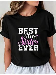Camiseta Deportiva Casual para Mujer --Shirt Negra con Texto MEJOR HERMANA MENOR DE TODOS LOS TIEMPOS, Elástica y de Cuello Redondo, Lavable aáquina, Ajuste Cómodo para Todas las Estaciones. - Negro - Ver 1