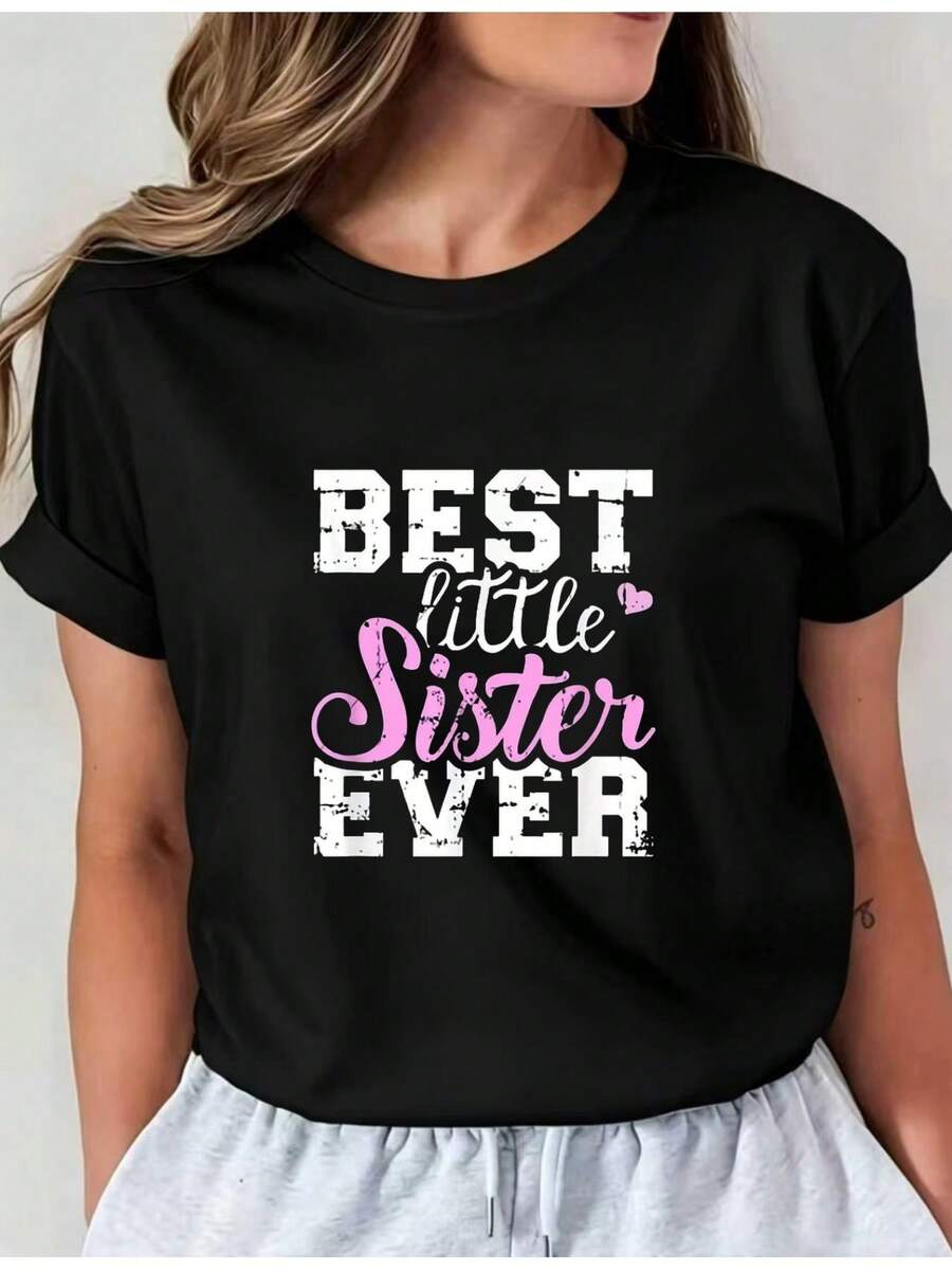 Camiseta Deportiva Casual para Mujer --Shirt Negra con Texto MEJOR HERMANA MENOR DE TODOS LOS TIEMPOS, Elástica y de Cuello Redondo, Lavable aáquina, Ajuste Cómodo para Todas las Estaciones. - Negro - Ver 1