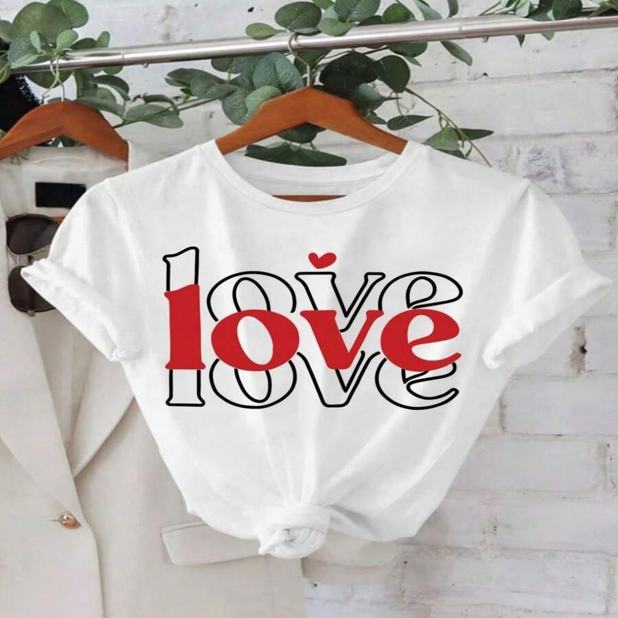 Camiseta blanca y roja para mujer con estampado de AMOR, corazón y letras Top casual de manga corta y cuello redondo, tejido transpirable y opaco, camiseta opaca lavable a máquina para primaver S-XXXL - Blanco - Ver 1