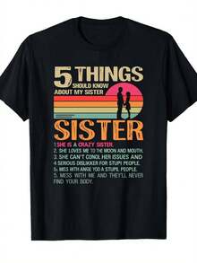 "5 Things About My Sister" T-Shirt - Funny Brother And Sister Sayings With Vintage Sun Design, Unisex, Casual Short Sleeve Crew Neck T-Shirt, Slightly Stretchy Fabric, Suitable For Beach, Camping, Spring Outfits, Gift Clothing For Brothers And Sisters. - 黑色 - 查看 5