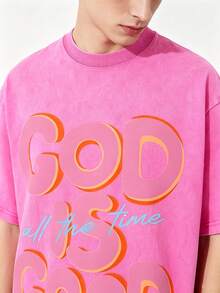 230G Washed Pure Cotton T - Shirt, Men'S Casual Fashion, With 'GOD IS GOOD All The Time' Words Print, Outdoor Sports T - Shirt |   Loose Fit |   Soft Knitted T - Shirt | Loose Fit | Vacation Casual - Màu Hồng Tươi - Xem 3