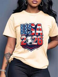 [Officially Licensed By The World Cup] 2026 World Cup Themed Short Sleeve T-Shirt, Football Themed Short Sleeve T-Shirt, Urban Style Print Design, Summer Top, Must-Have For Fans, Unisex Style Suitable For Couples, Perfect As A Birthday Gift For Boyfriend, Versatile And Comfortable For Summer, Unisex T-Shirt. - 杏色 - 查看 6
