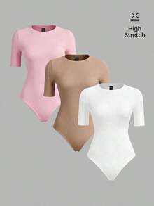 3 piezas Body ajustado de manga corta y cuello redondo de punto de unicolor para mujer - Multicolor 4 - Ver 4