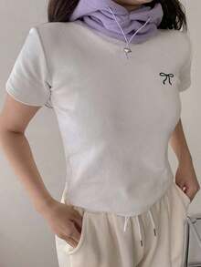Camiseta de manga corta de cuello redondo de color liso para verano - Blanco 2 - Ver 4