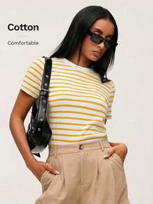 BASICS Camiseta casual con estampado a rayas para primavera y verano - Amarillo - Ver 8