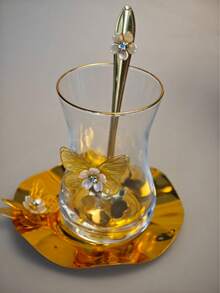 1个带勺子的豪华玻璃金边咖啡杯，新款土耳其咖啡杯带碟，蝴蝶甜点盘 - 彩色 - 查看 2