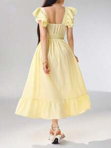 Vestido con cuello con volantes, abotonado, elegante y romántico para mujer - Amarillo - Ver 3