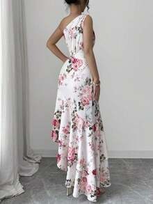 Vestido de mujer con estampado teñido borroso de un solo hombro con diseño de volante de dobladillo irregular, vestido de primavera/verano, vestido con diseño de dobladillo irregular, elegante y de moda, adecuado para uso diario, bodas, banquete - Rosa - Ver 2