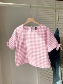 Top con espalda con abertura y puños con nudo en estampado de cuadros azul y blanco para salidas de verano - Rosa - Ver 1