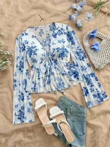 Blusa informal de unicolor con mangas acampanadas para mujer - Azul y blanco - Ver 1