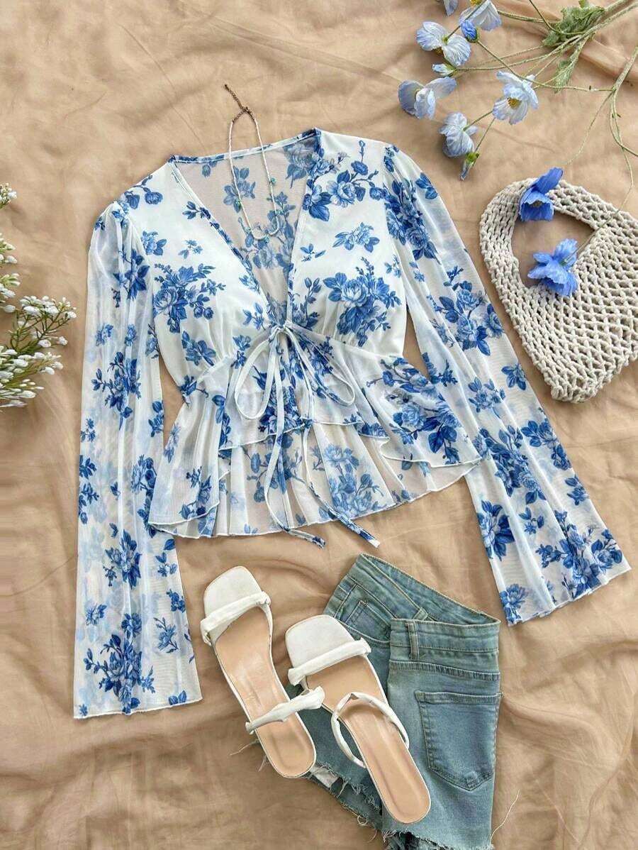 Blusa informal de unicolor con mangas acampanadas para mujer - Azul y blanco - Ver 1