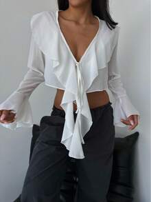 SQUALO Ruffle Detail Tie-Front Crop Blouse - White - View 3