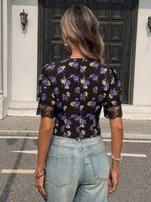 Blusa elegante y vintage de mujer con cuello en V, cintura ceñida y parches de encaje floral rojo - Multicolor 5 - Ver 2