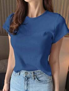 Camiseta de manga corta de mujer de cuello redondo de unicolor básica blanca, para primavera/verano, estilo casual empresarial - azul real - Ver 7