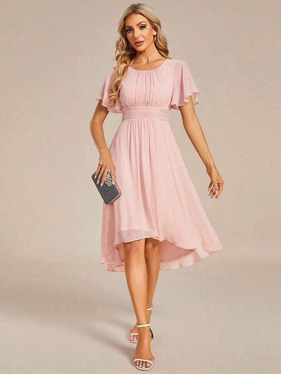 Vestido de dama de honor de gasa con pliegues y mangas con volantes, vestido de noche elegante para invitados de boda en primavera - Rosa Pálido - Ver 1