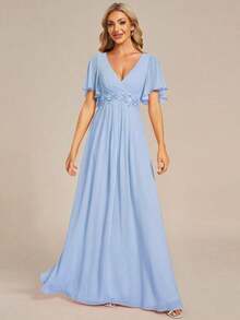 Elegante vestido de dama de honor de gasa con cuello en V, mangas con volantes bordados y plisados, vestido de noche formal para invitados de boda - Celeste 2 - Ver 1