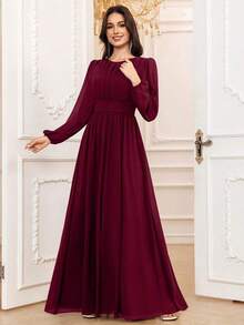 Vestido de dama de honor formal de gasa de manga larga hasta el suelo con corte evasé, color borgoña elegante, vestido de invitada de boda, mangas sin forro, primavera - Burdeos - Ver 6