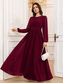 Vestido de dama de honor formal de gasa de manga larga hasta el suelo con corte evasé, color borgoña elegante, vestido de invitada de boda, mangas sin forro, primavera - Burdeos - Ver 7