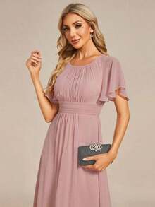 Vestido de dama de honor de gasa con pliegues y mangas con volantes, vestido de noche elegante para invitados de boda en primavera - Rosa - Ver 3