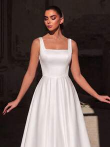 Faeriesty Elegante vestido de noche largo sin mangas de color verde jade, con tirantes de escote cuadrado y diseño sin espalda con tela de satén lujosa, adecuado para damas de honor de boda - Blanco - Ver 4