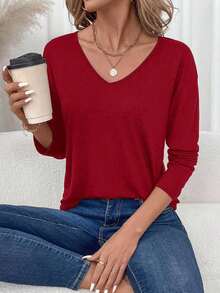 Camiseta de manga larga con cuello en V regular y estilo minimalista casual, adecuada para otoño/invierno - Burdeos - Ver 6