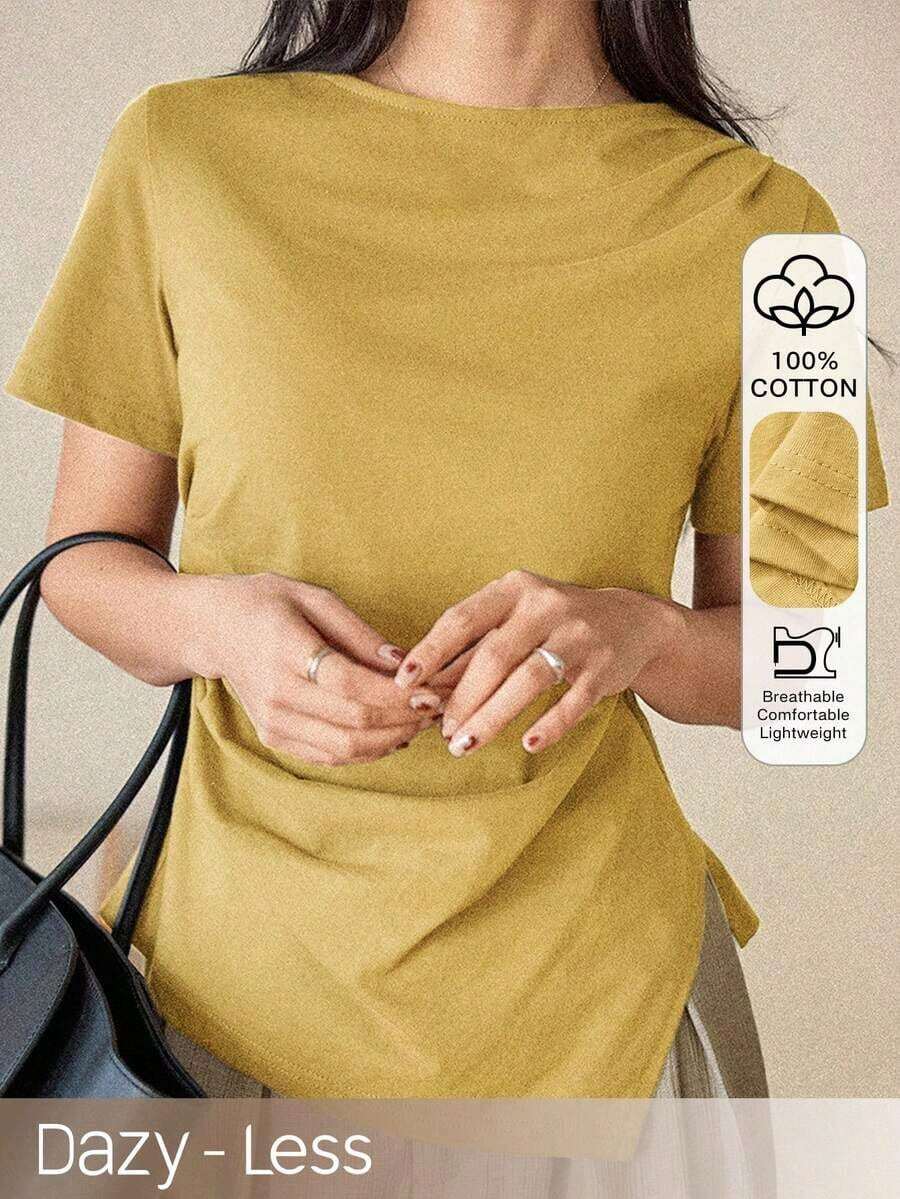 Camiseta de mujer con cuello polo de ajuste ceñido, estilo casual y holgado, ideal para primavera y verano, y para el Día de San Valentín - Amarillo - Ver 1
