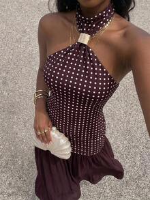 Vestido de mujer con estampado de lunares y parches en el cuello halter - Marrón - Ver 1