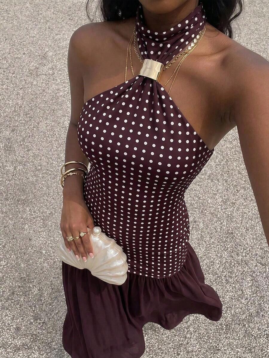 Vestido de mujer con estampado de lunares y parches en el cuello halter - Marrón - Ver 1