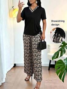 Lady Conjunto informal de 2 piezas con cuello en V, manga corta, cómodo y transpirable con cordón para mujer - Multicolor 2 - Ver 12