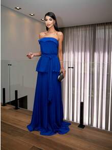 Long Strapless Chiffon Party Dress Without Glitter For Bridesmaids At A Daytime Wedding. - 寶藍色 - 查看 4